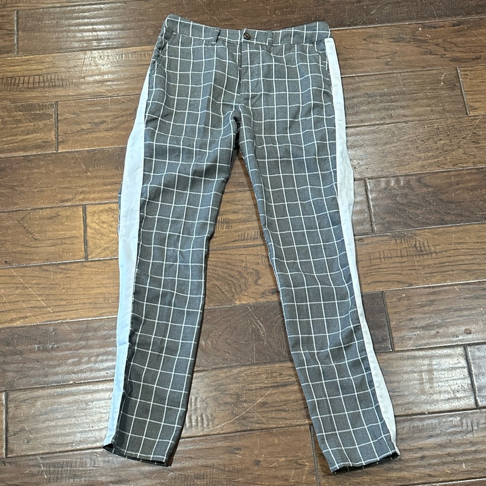 ASOS Gray Windowpane Plaid Skinny‎ Chinos with White Side Stripe 30/32